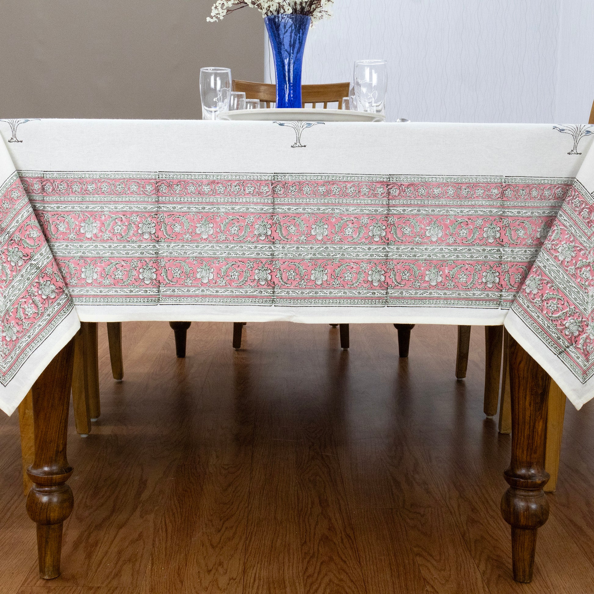 Indian Handmade Block Printed Cotton White and Pink Rectangle Tablecloth - My Store