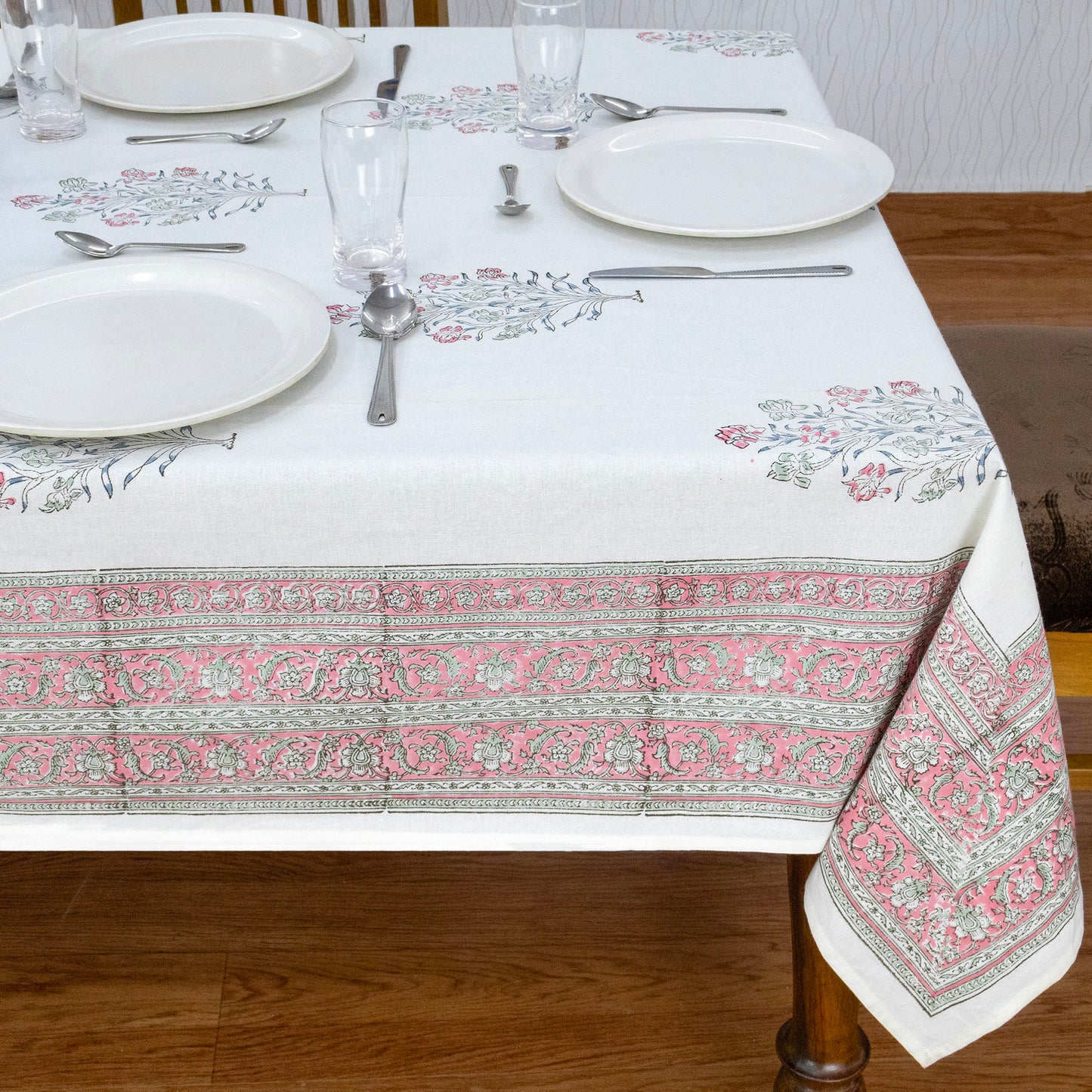 Indian Handmade Block Printed Cotton White and Pink Rectangle Tablecloth - My Store