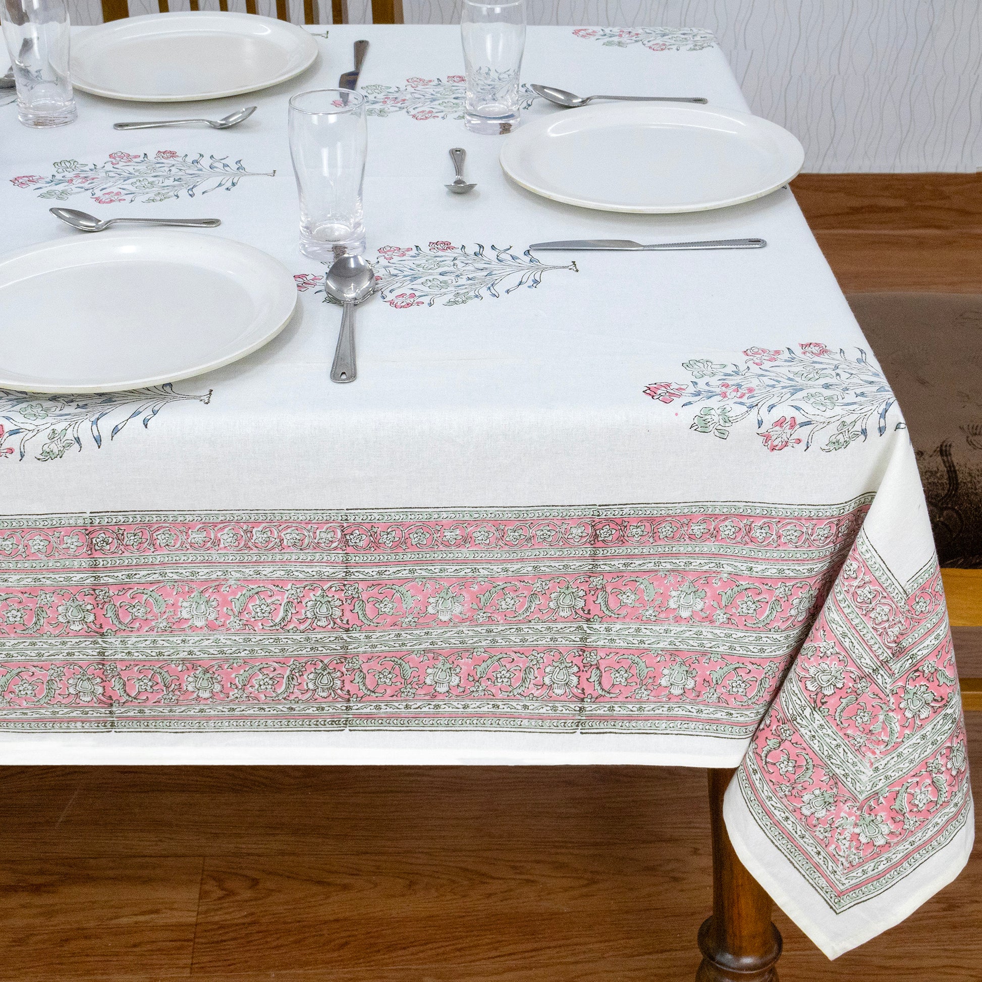 Indian Handmade Block Printed Cotton White and Pink Rectangle Tablecloth - My Store
