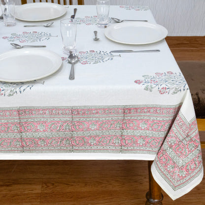 Indian Handmade Block Printed Cotton White and Pink Rectangle Tablecloth - My Store