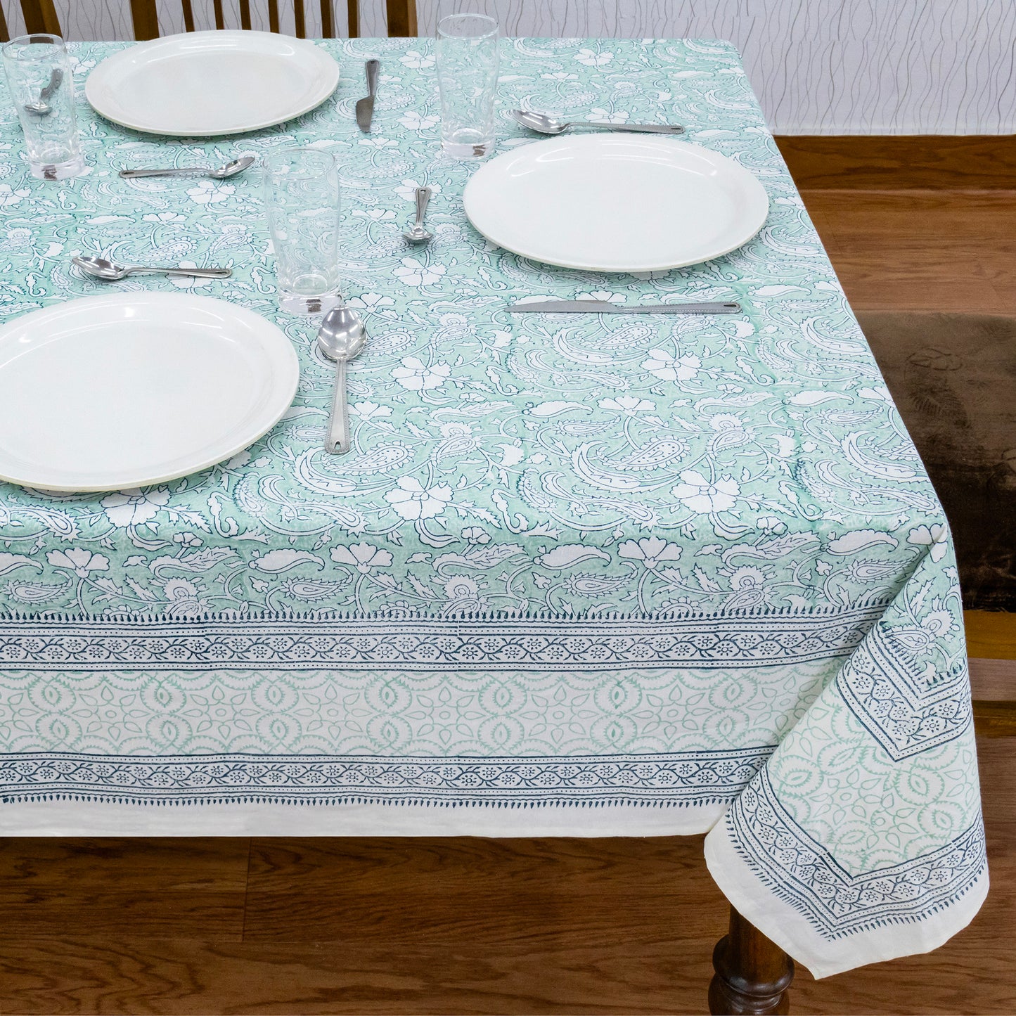 Indian Handmade Block Printed Cotton Green and Blue Rectangle Tablecloth - My Store