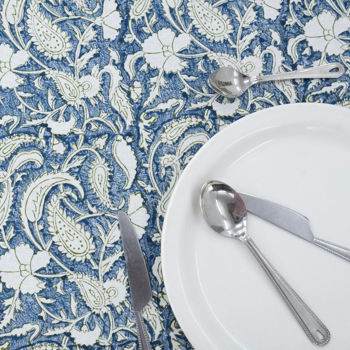 Indian Handmade Block Printed Cotton Blue and Green Rectangle Tablecloth - My Store