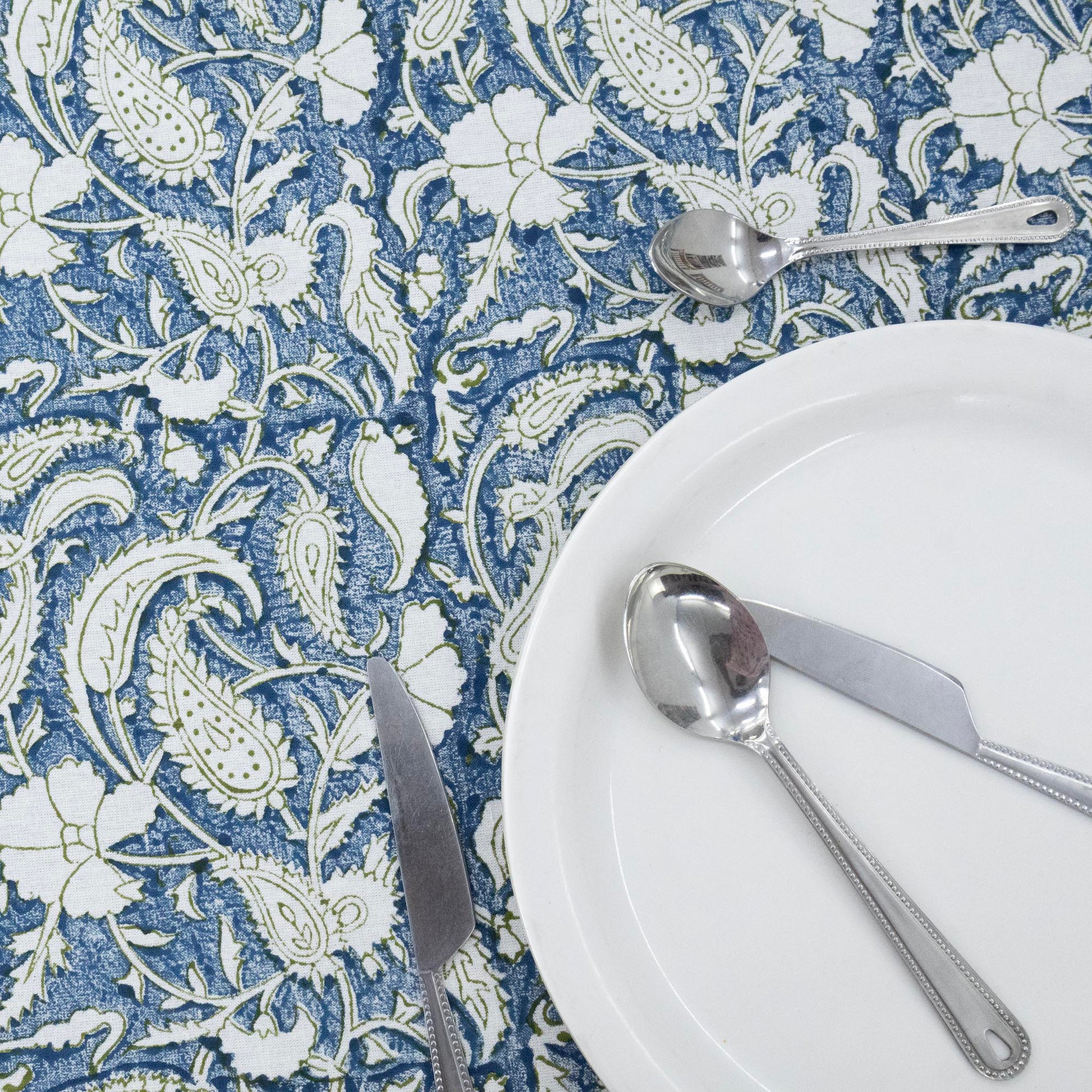 Indian Handmade Block Printed Cotton Blue and Green Rectangle Tablecloth - My Store