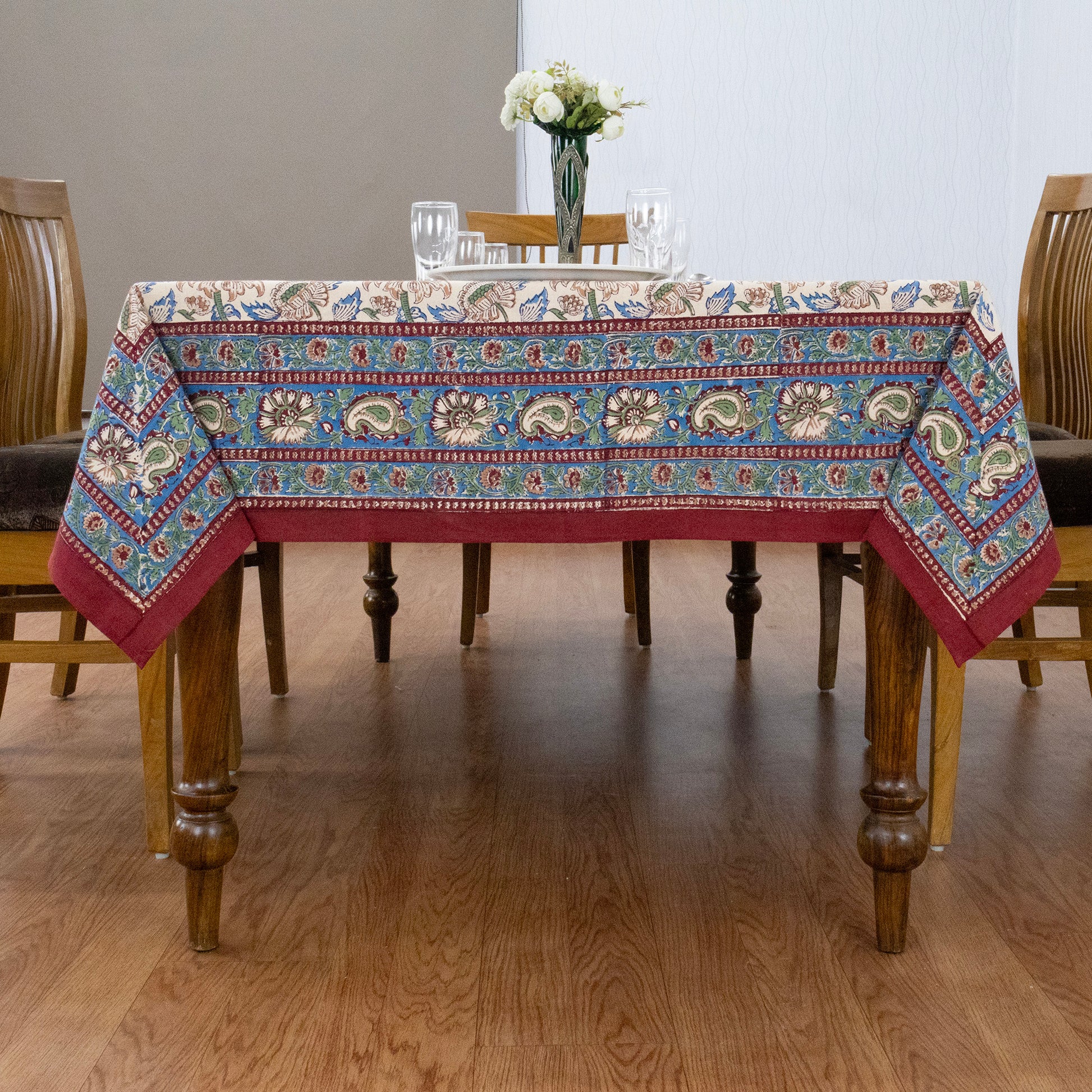 Indian Handmade Block Printed Cotton Orange and Blue Rectangle Tablecloth - My Store