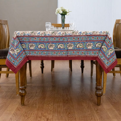 Indian Handmade Block Printed Cotton Orange and Blue Rectangle Tablecloth - My Store
