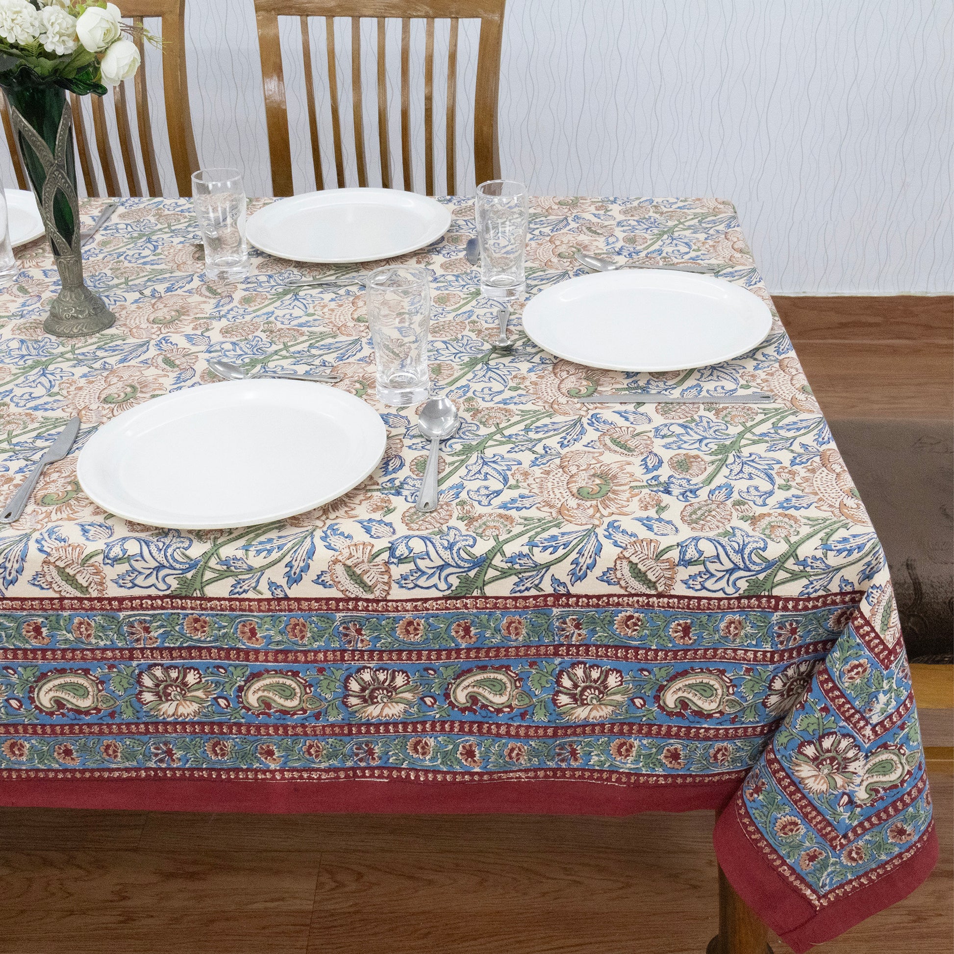 Indian Handmade Block Printed Cotton Orange and Blue Rectangle Tablecloth - My Store