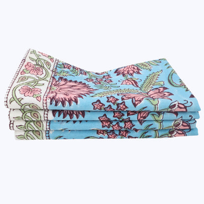 Blue and Pink Hand Block Printed Cotton Napkins Set Of 4 - My Store