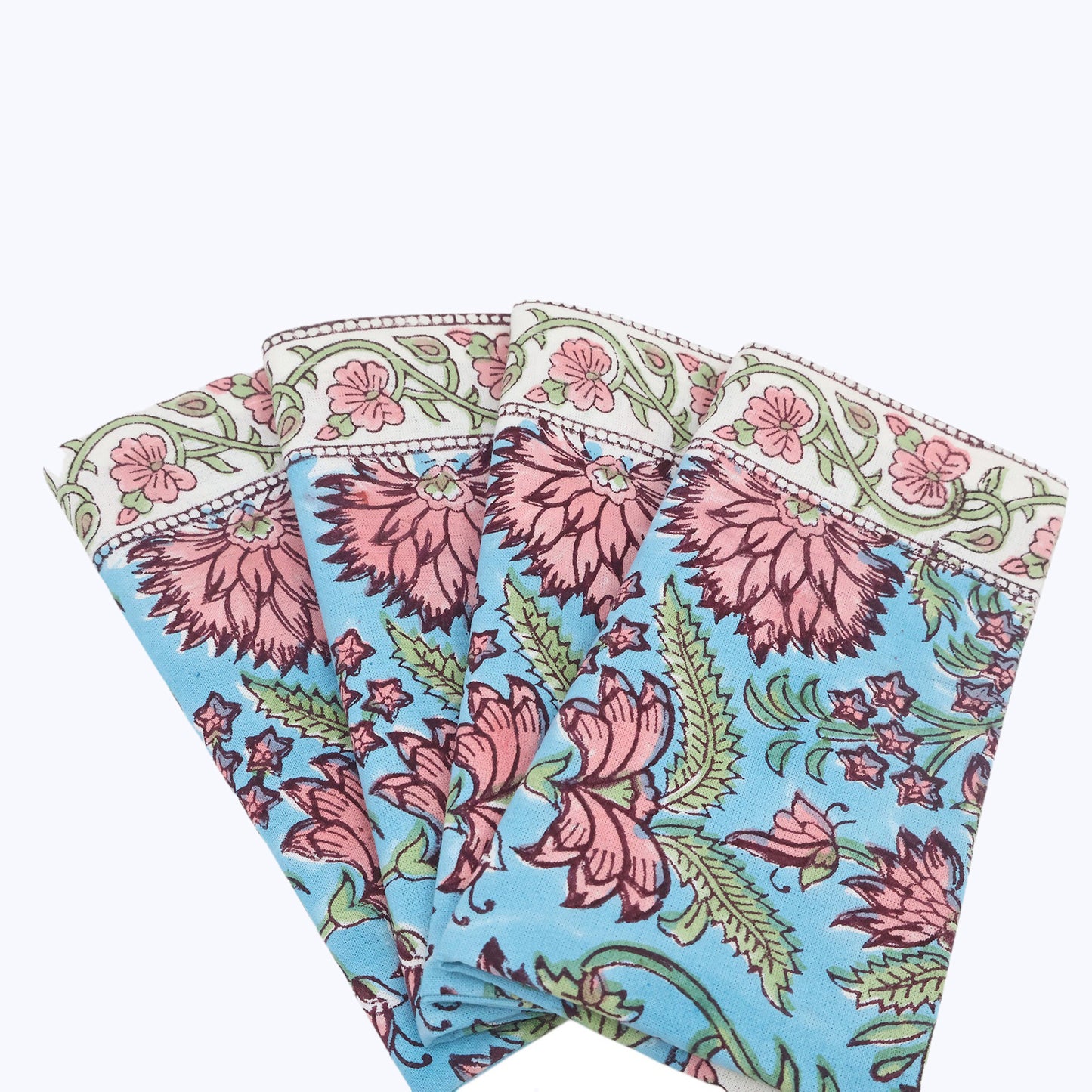 Blue and Pink Hand Block Printed Cotton Napkins Set Of 4 - My Store