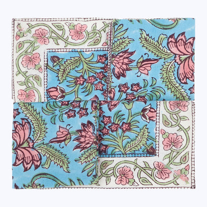 Blue and Pink Hand Block Printed Cotton Napkins Set Of 4 - My Store