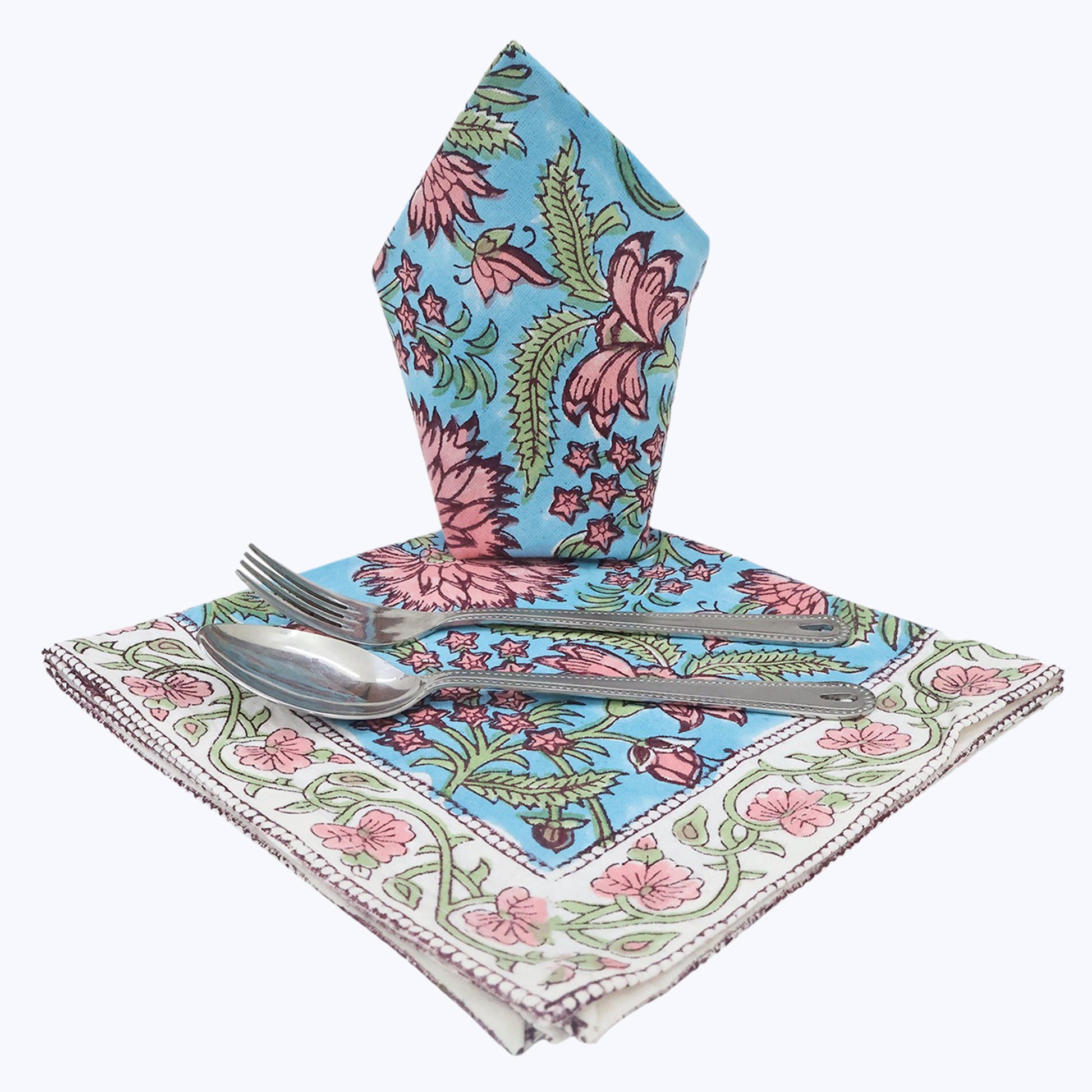 Blue and Pink Hand Block Printed Cotton Napkins Set Of 4 - My Store