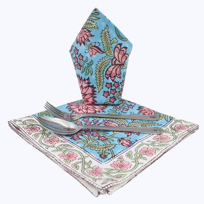 Blue and Pink Hand Block Printed Cotton Napkins Set Of 4 - My Store
