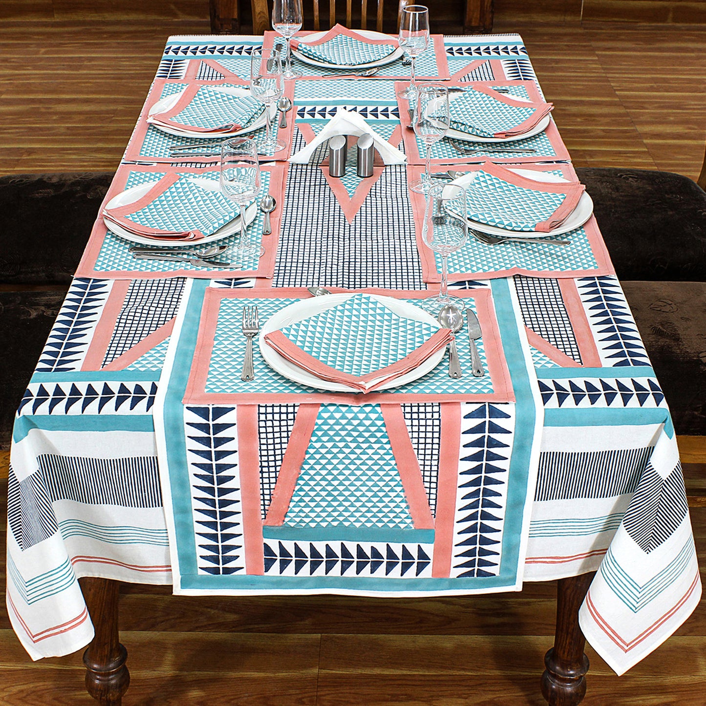 Light Blue and Pink Geometric Printed Cotton Tablecloth - My Store