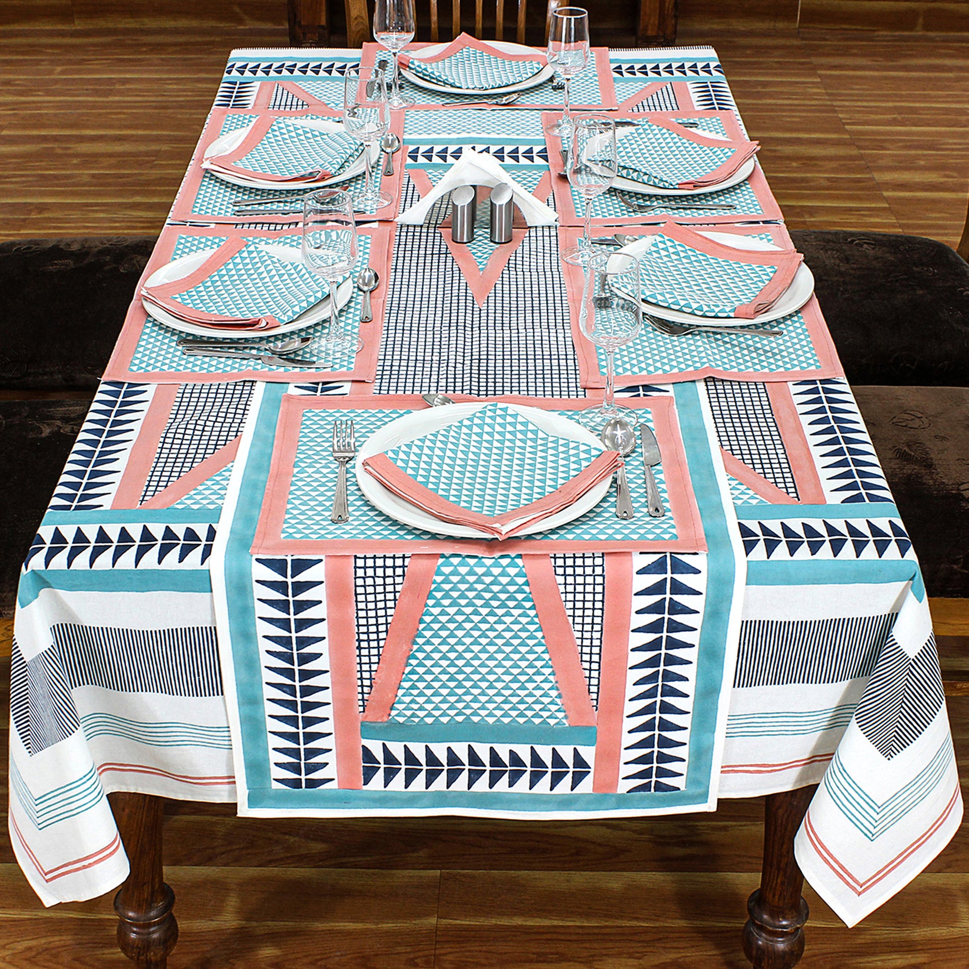 Light Blue and Pink Geometric Printed Cotton Tablecloth - My Store