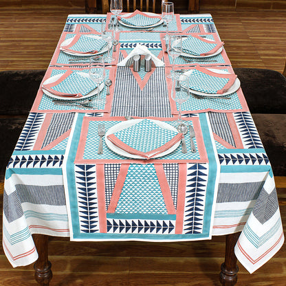 Light Blue and Pink Geometric Printed Cotton Tablecloth - My Store