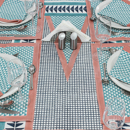 Light Blue and Pink Geometric Printed Cotton Tablecloth - My Store