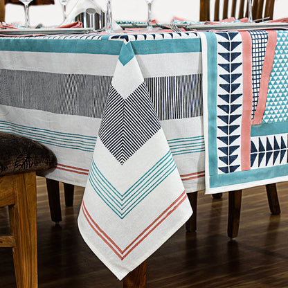 Light Blue and Pink Geometric Printed Cotton Tablecloth - My Store