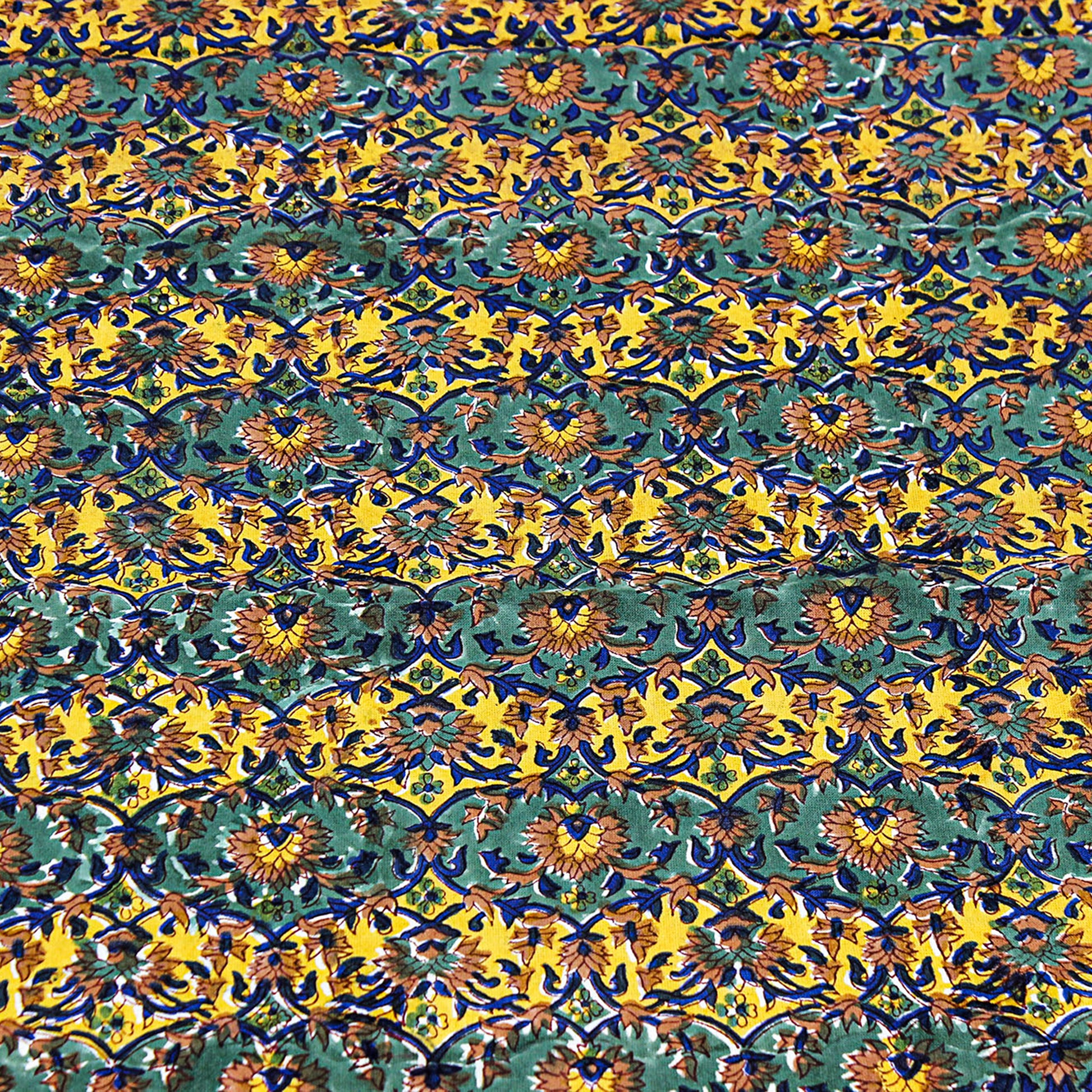 Floral Green Yellow Table Cover - Block Printed table Cloth - My Store