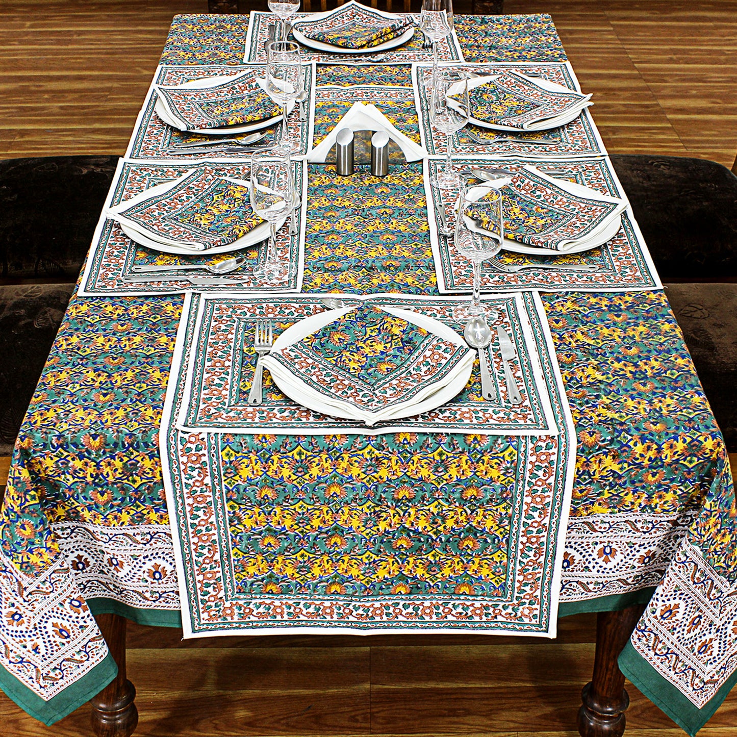 Floral Green Yellow Table Cover - Block Printed table Cloth - My Store