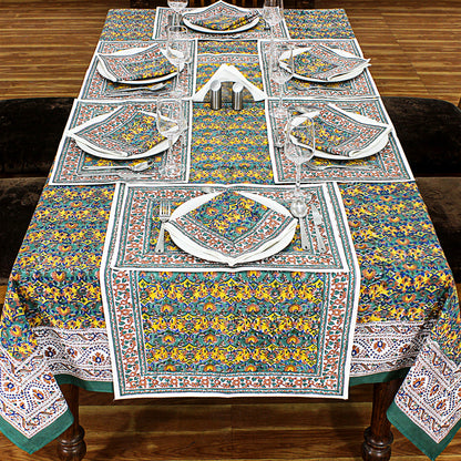 Floral Green Yellow Table Cover - Block Printed table Cloth - My Store