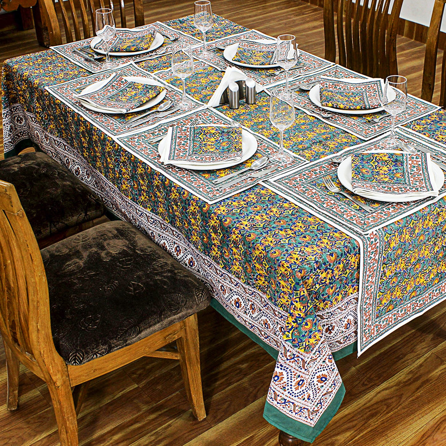 Floral Green Yellow Table Cover - Block Printed table Cloth - My Store