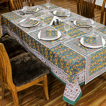 Floral Green Yellow Table Cover - Block Printed table Cloth - My Store