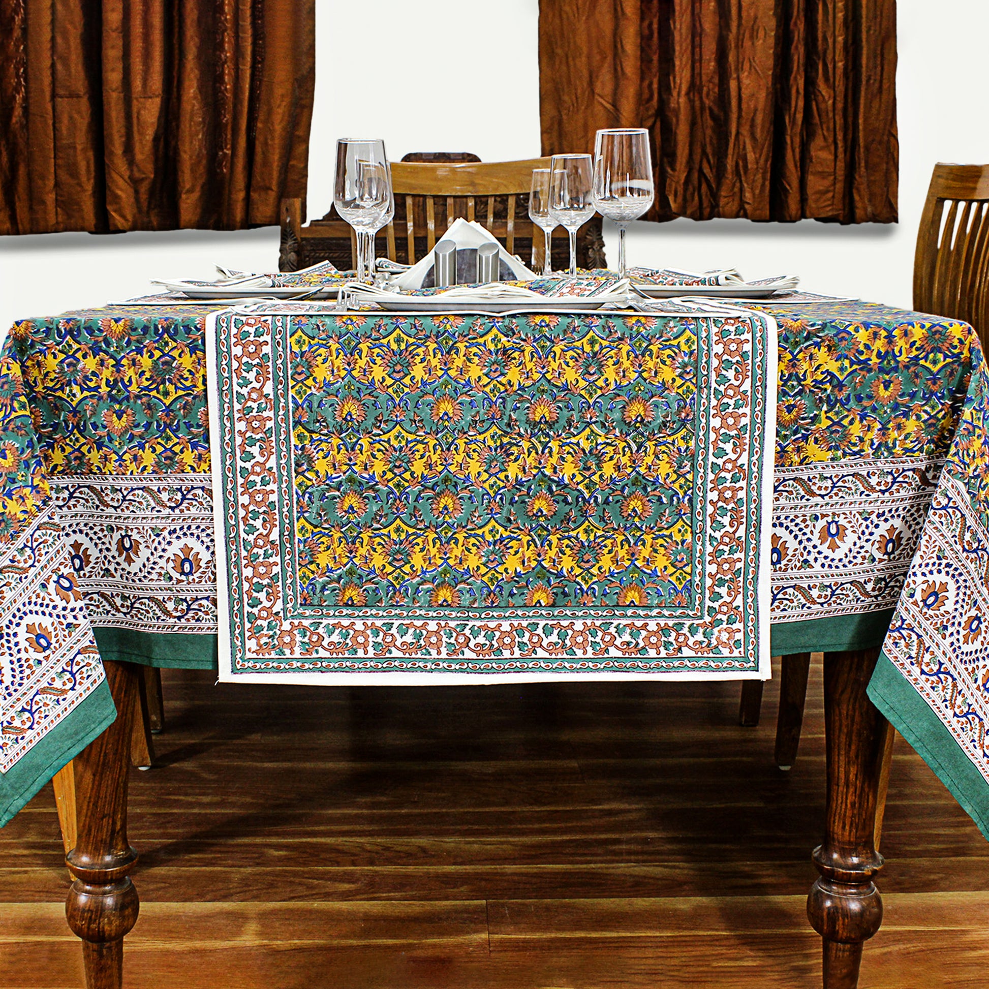 Floral Green Yellow Table Cover - Block Printed table Cloth - My Store