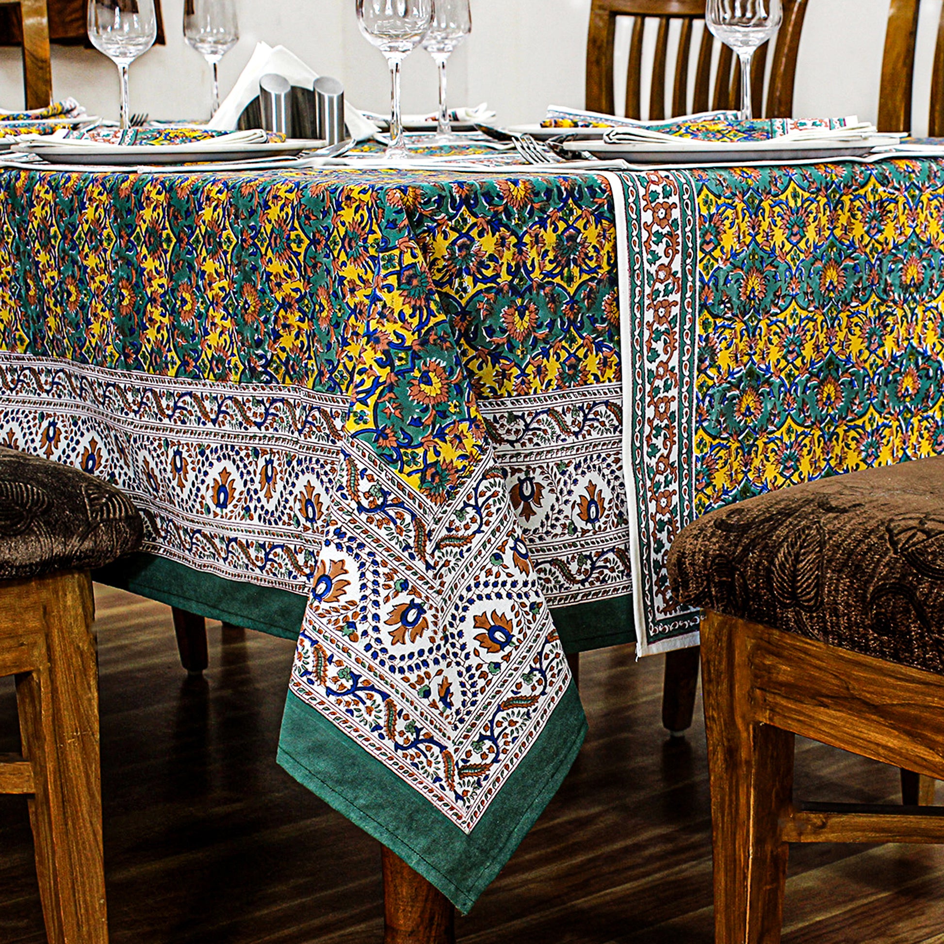 Floral Green Yellow Table Cover - Block Printed table Cloth - My Store