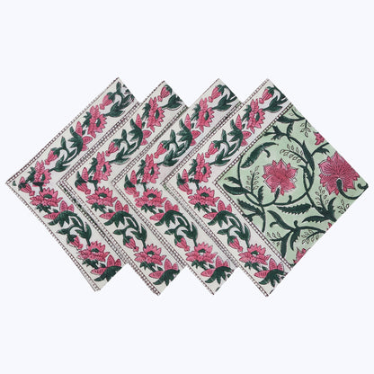 Green and Pink Hand Block Printed Cotton Napkins Set Of 4 - My Store