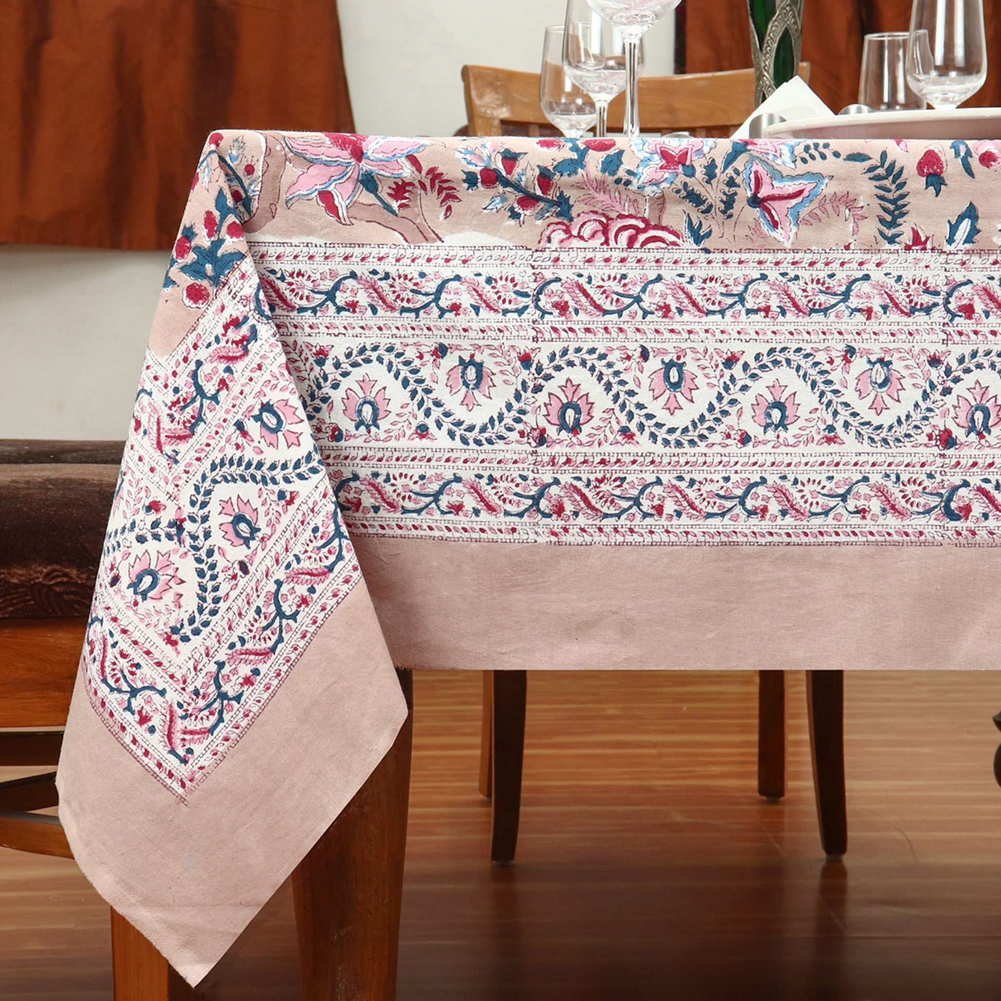 Red and Brown Hand Block Printed Cotton Tablecloth - My Store