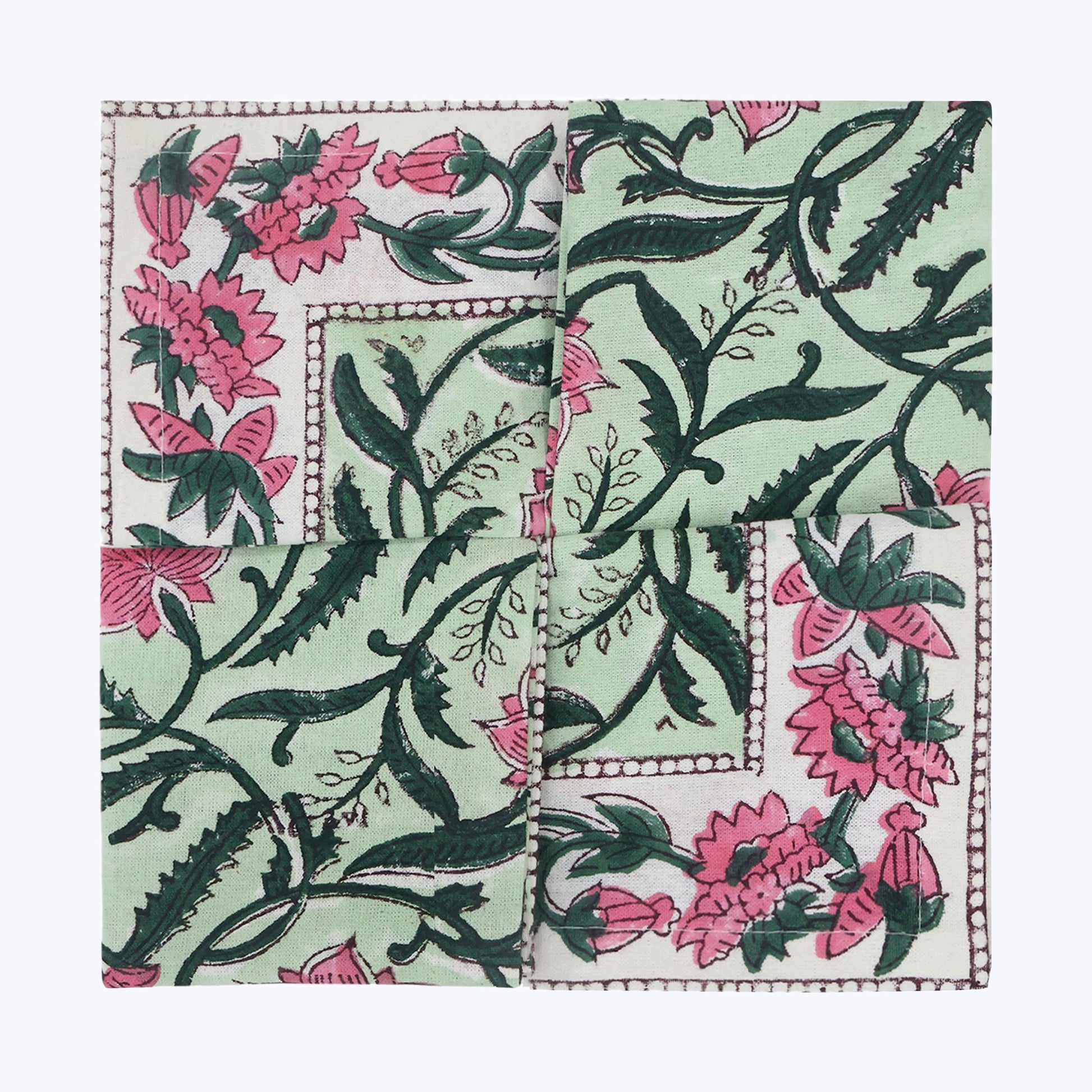 Green and Pink Hand Block Printed Cotton Napkins Set Of 4 - My Store