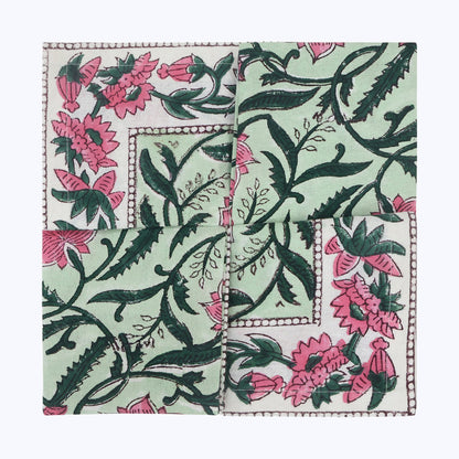 Green and Pink Hand Block Printed Cotton Napkins Set Of 4 - My Store