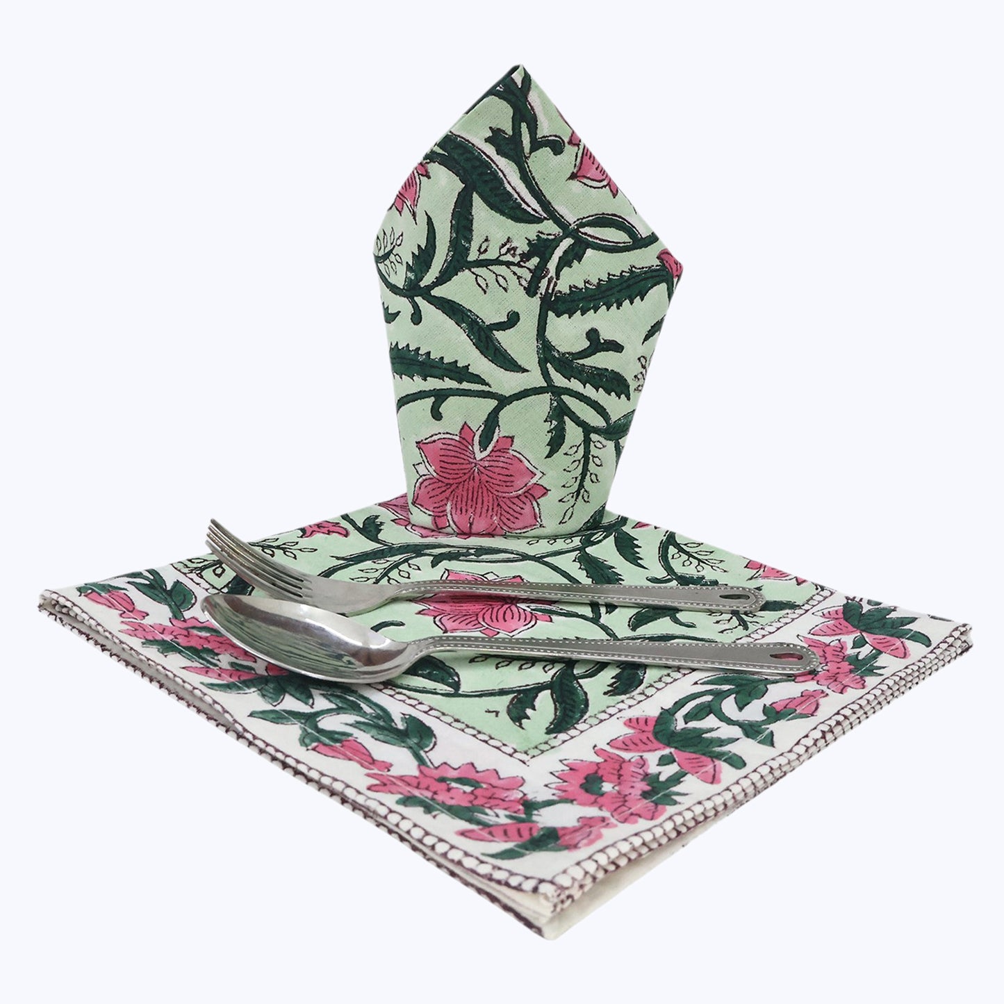 Green and Pink Hand Block Printed Cotton Napkins Set Of 4 - My Store