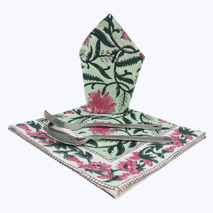 Green and Pink Hand Block Printed Cotton Napkins Set Of 4 - My Store