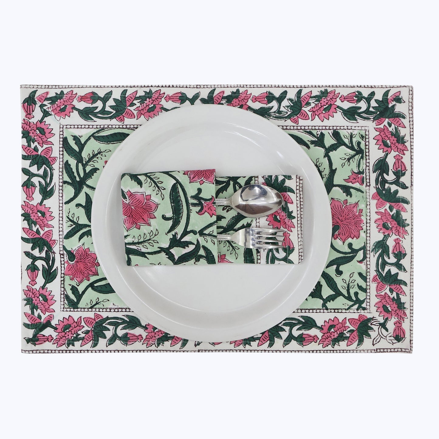 Green and Pink Hand Block Printed Cotton Napkins Set Of 4 - My Store