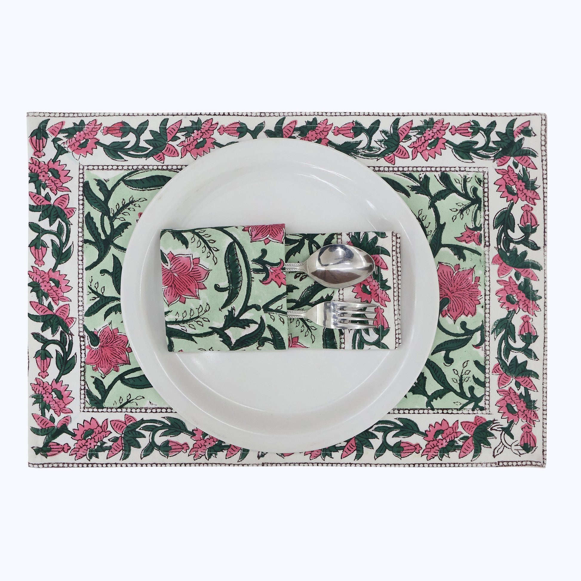 Green and Pink Hand Block Printed Cotton Napkins Set Of 4 - My Store