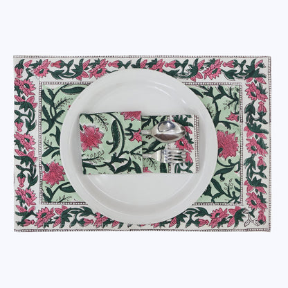 Green and Pink Hand Block Printed Cotton Napkins Set Of 4 - My Store