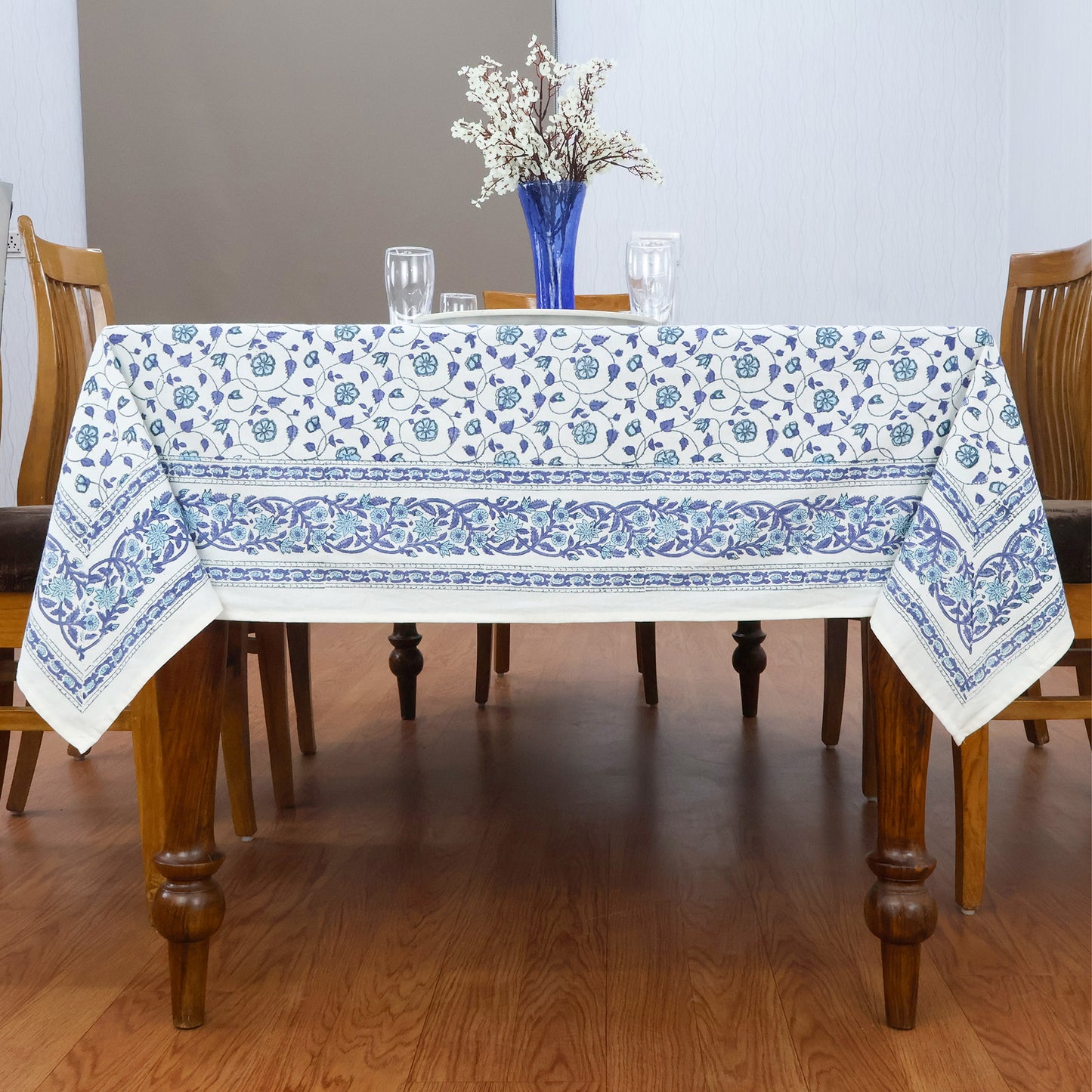 Purple and White Block Print Cotton Tablecloth, Handmade Indian Rectangle Table Linen - My Store