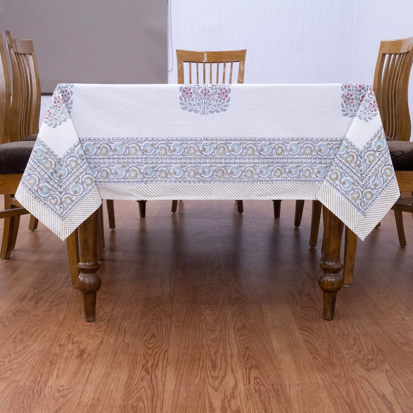 Artisan Block Print Cotton Tablecloth, White and Orange Indian Rectangle Dining Cover - My Store