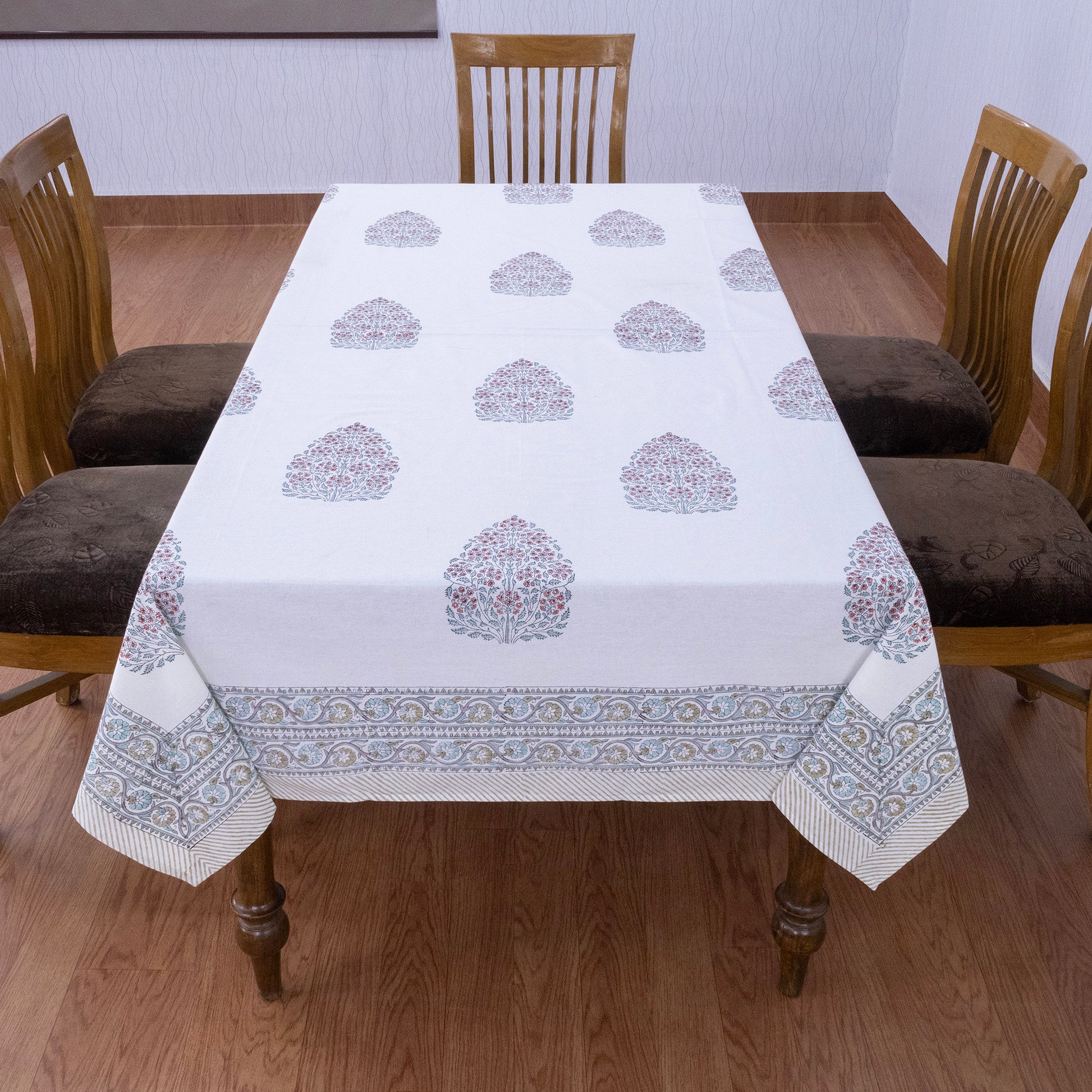 Artisan Block Print Cotton Tablecloth, White and Orange Indian Rectangle Dining Cover - My Store