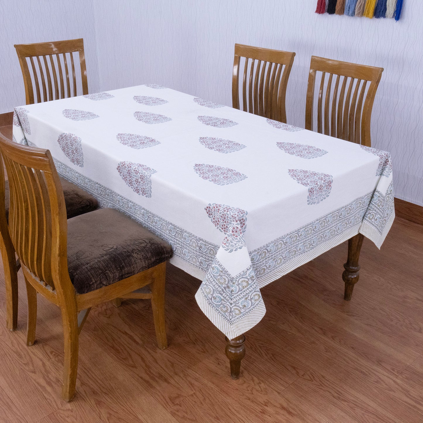 Artisan Block Print Cotton Tablecloth, White and Orange Indian Rectangle Dining Cover - My Store