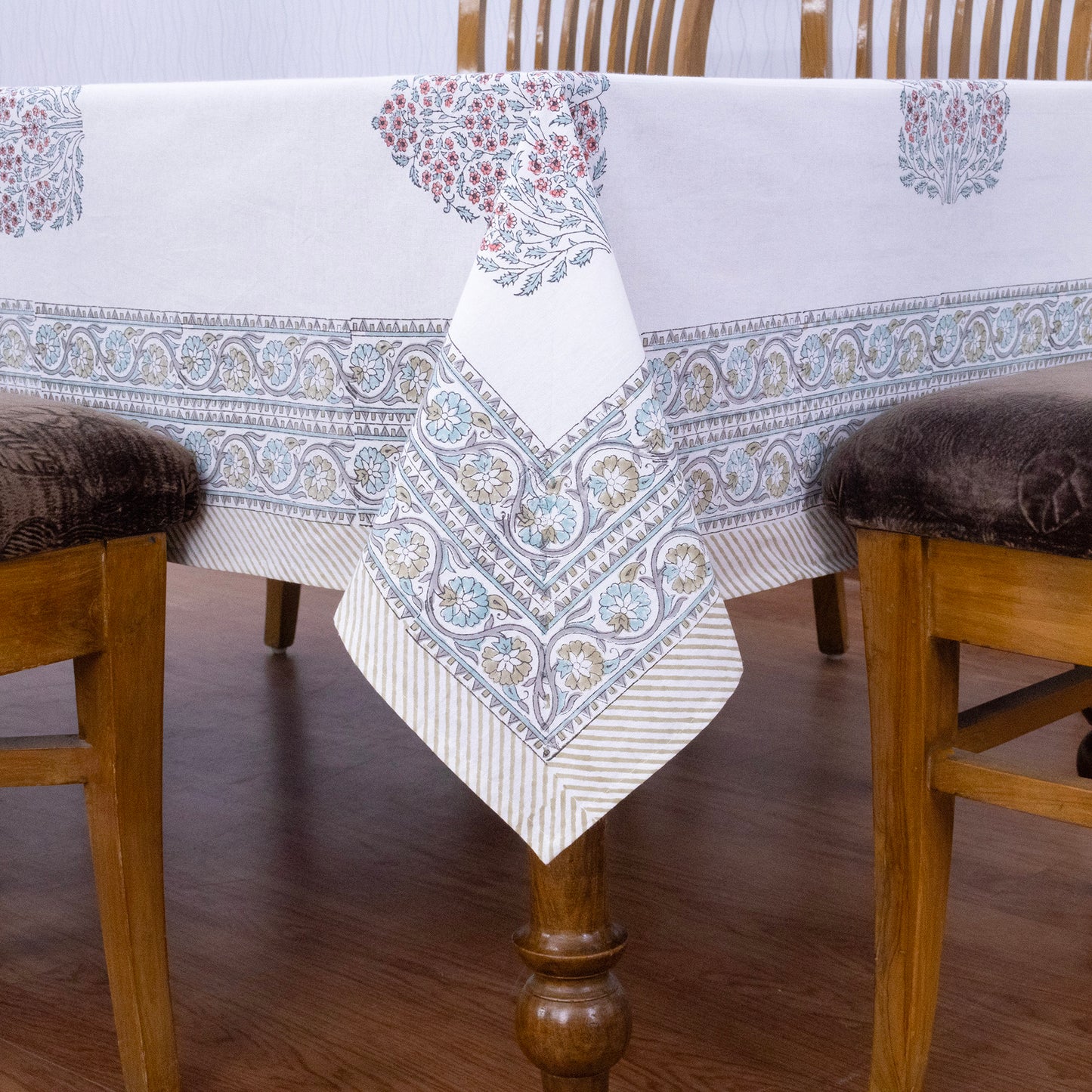 Artisan Block Print Cotton Tablecloth, White and Orange Indian Rectangle Dining Cover - My Store