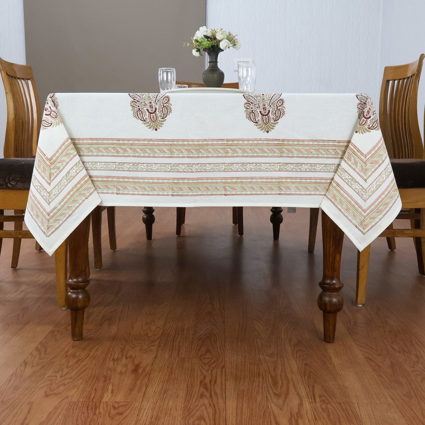 Indian Handmade Block Printed Cotton White and Brown Rectangle Tablecloth - My Store
