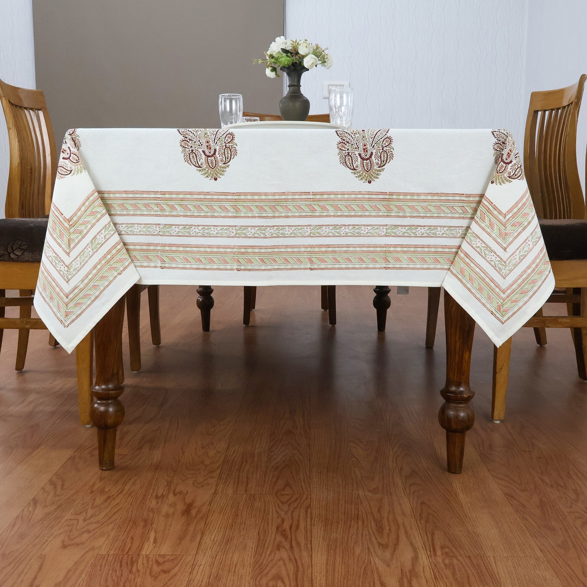 Indian Handmade Block Printed Cotton White and Brown Rectangle Tablecloth - My Store