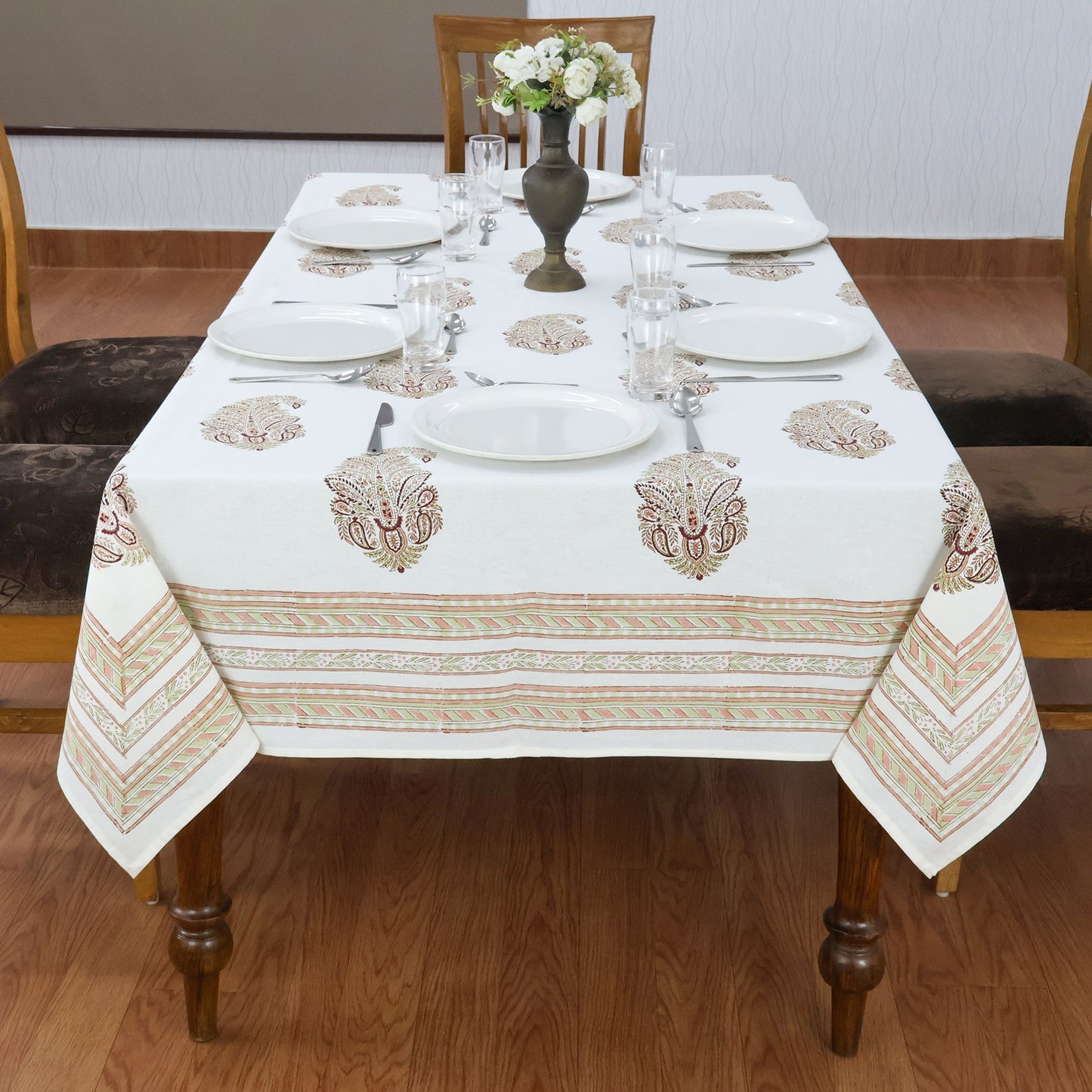Indian Handmade Block Printed Cotton White and Brown Rectangle Tablecloth - My Store