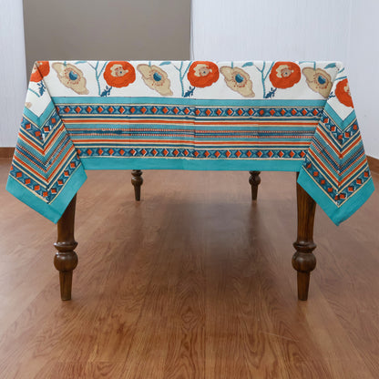 Indian Handmade Block Printed Cotton green and pink Rectangle Tablecloth - My Store