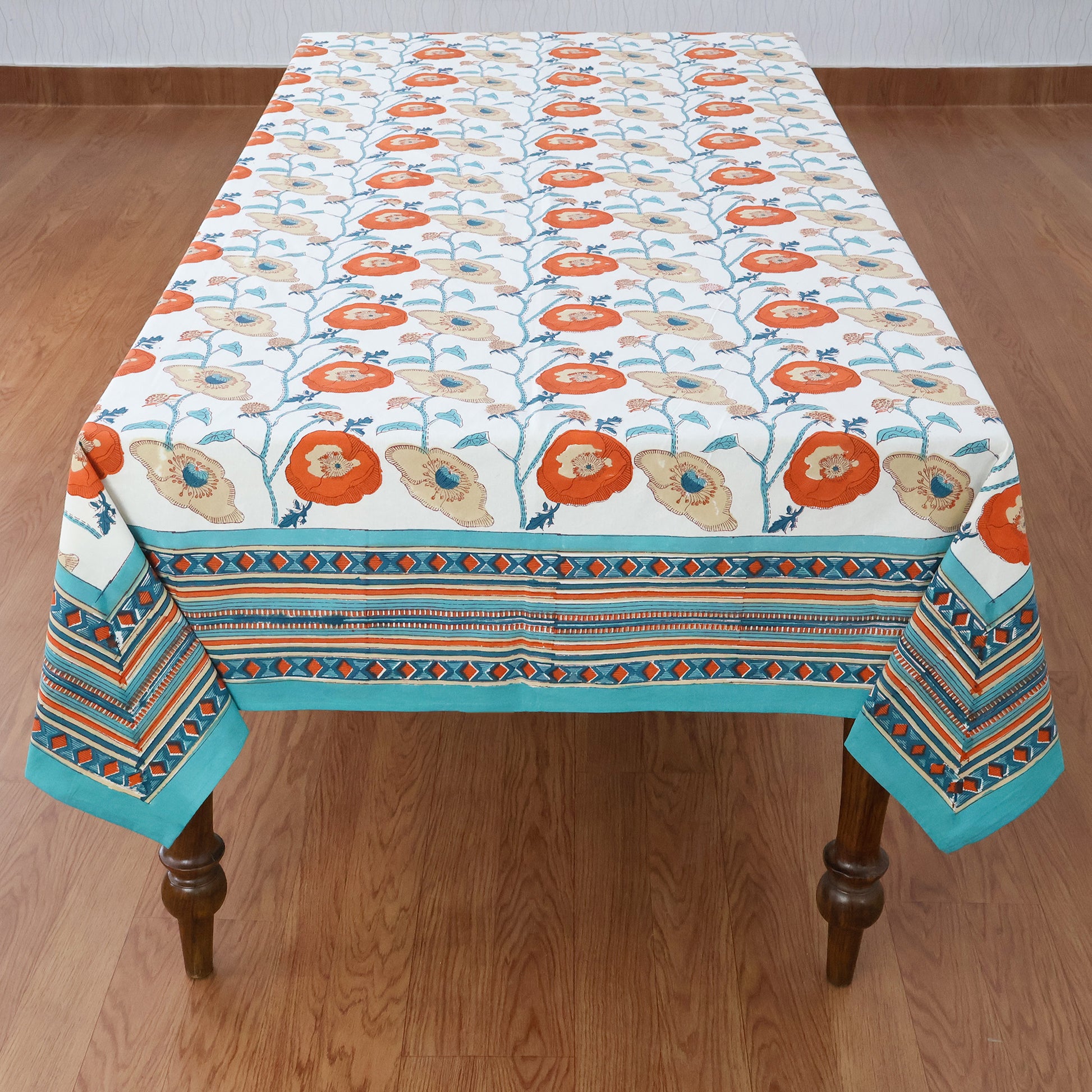 Indian Handmade Block Printed Cotton green and pink Rectangle Tablecloth - My Store