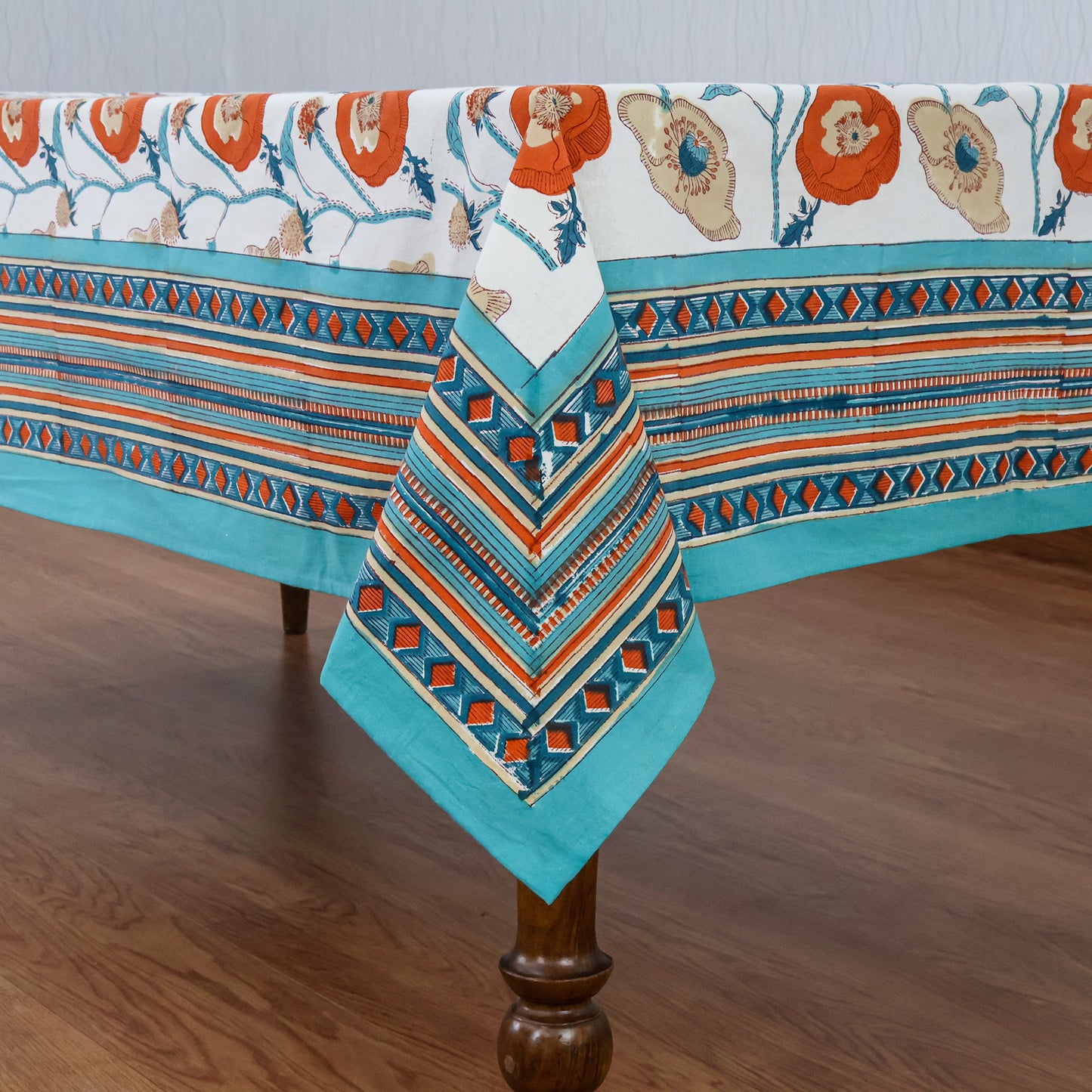 Indian Handmade Block Printed Cotton green and pink Rectangle Tablecloth - My Store