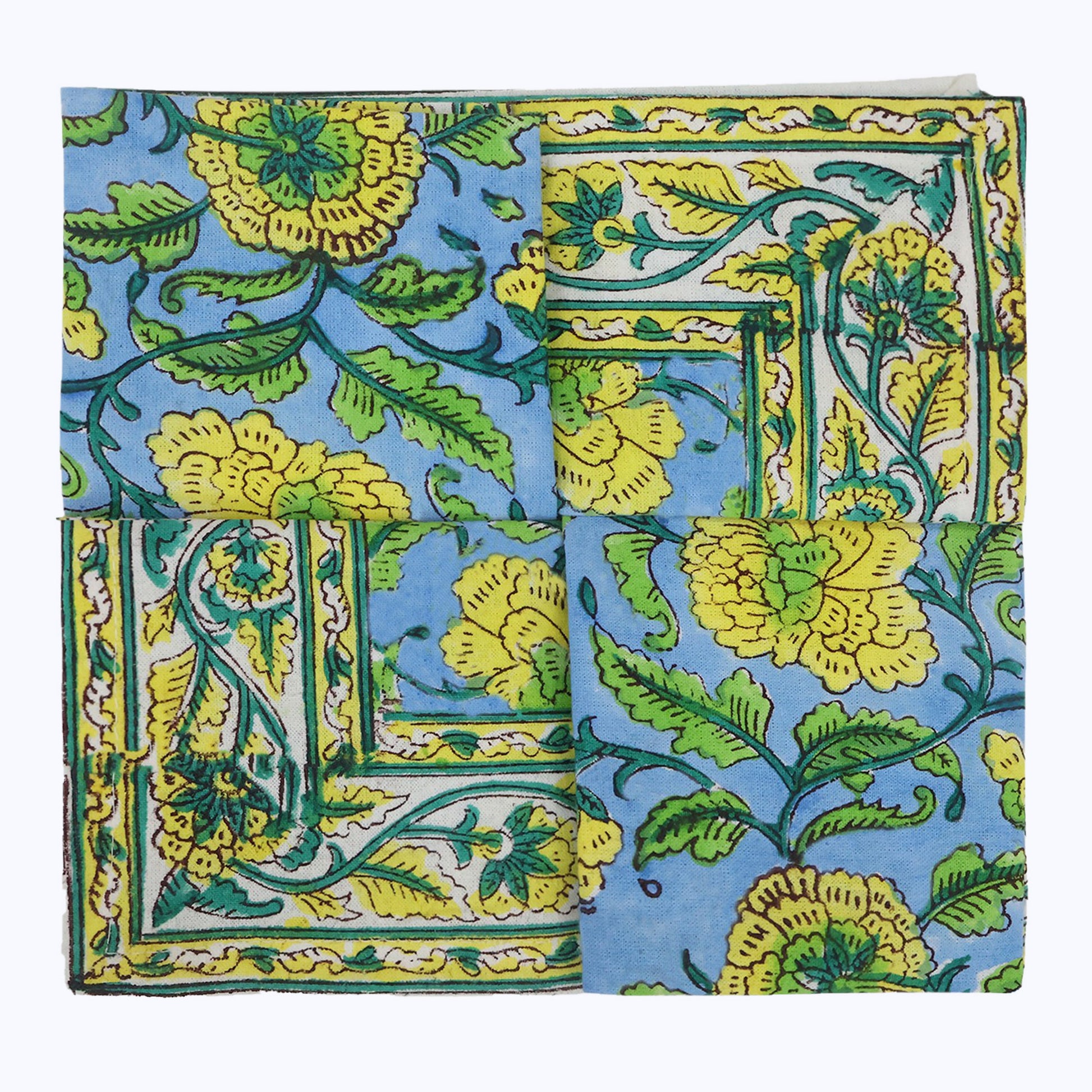 Yellow and Blue Hand Block Printed Cotton Napkins Set Of 4 - My Store