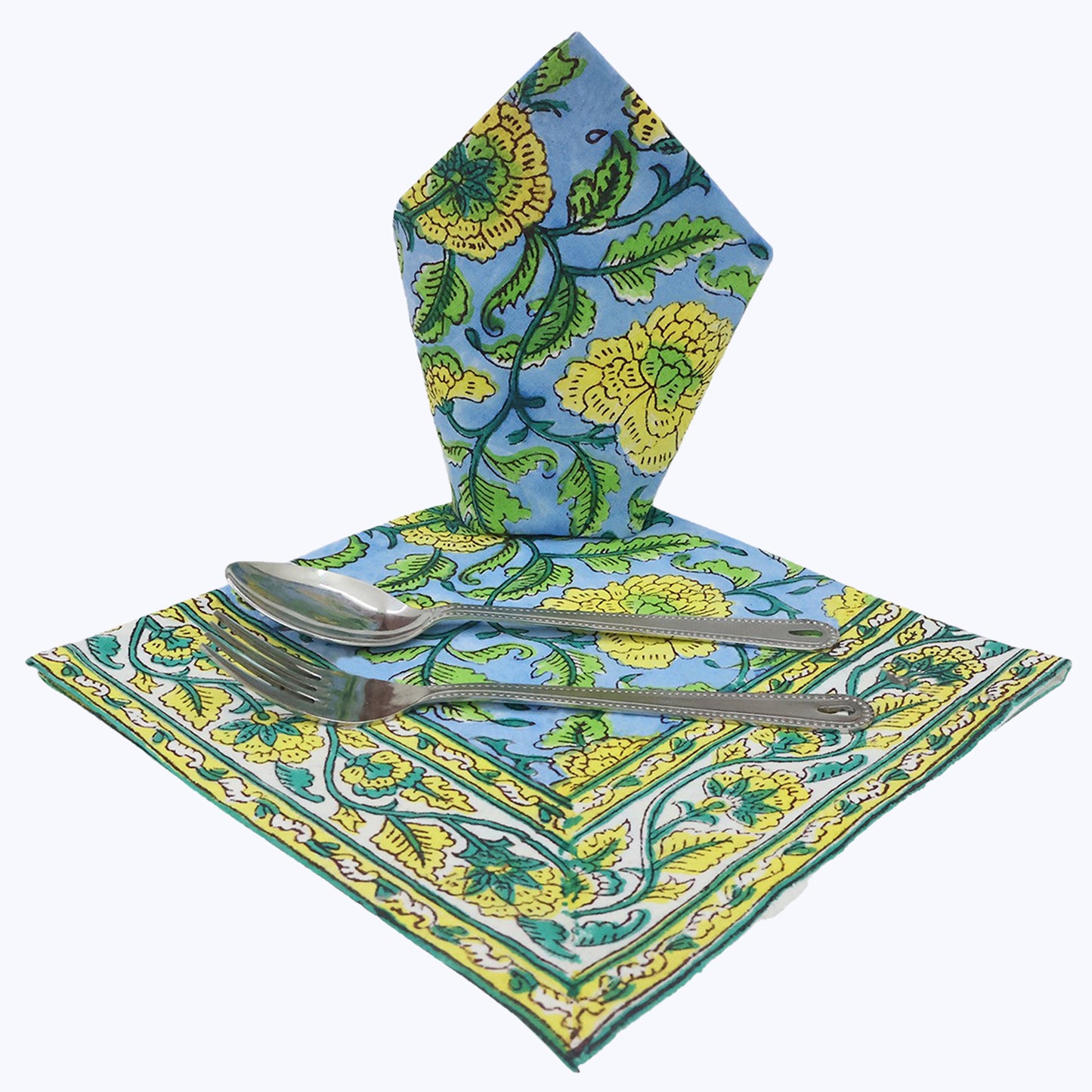 Yellow and Blue Hand Block Printed Cotton Napkins Set Of 4 - My Store