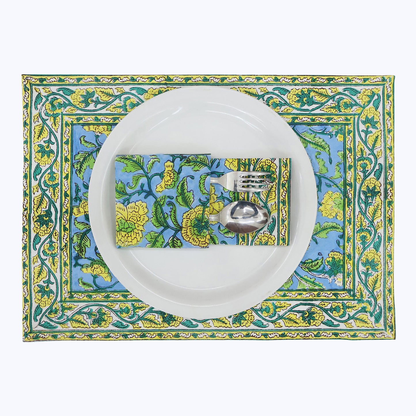 Yellow and Blue Hand Block Printed Cotton Napkins Set Of 4 - My Store